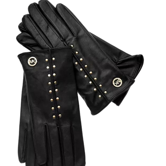 MICHAEL KORS LEATHER ASTOR STUDDED GLOVES WITH TOUCH TIPS - Picture 1 of 2
